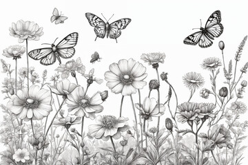 Hand drawn blooming flowers and butterflies on blank background. Black and white wildflowers and insects. Monochrome elegant floral composition in vintage style. Generative Ai