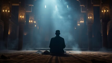 Silhouette of Muslim man worshiping and praying for fasting and Islamic Eid culture in old mosque with lighting and smoke background, copy space - generative ai - obrazy, fototapety, plakaty