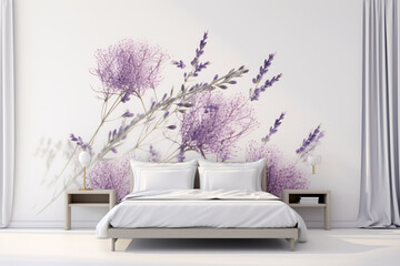 寝室のベッドと花の壁画のベッドルームのインテリア