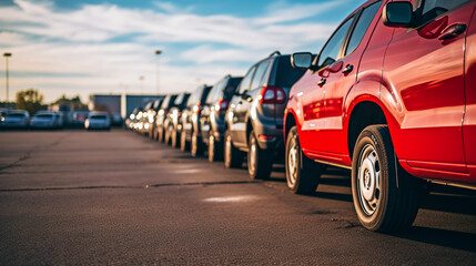 cars parked in row on outdoor parking - obrazy, fototapety, plakaty