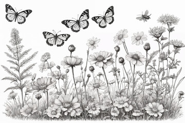 Hand drawn blooming flowers and butterflies on blank background. Black and white wildflowers and insects. Monochrome elegant floral composition in vintage style. Generative Ai