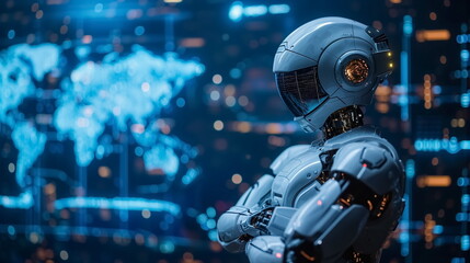 Robot arm crossed, Humanoid robot standing on blue world map icon background. Generated AI.