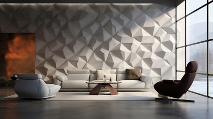 Modern living room interior with futuristic tile wallpaper accent and polished concrete wall background