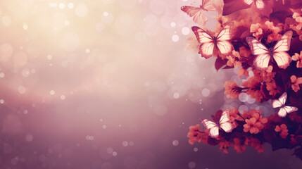 Abstract natural spring background with butterflies and light burgundy meadow flowers close-up.
