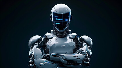 Robot arm crossed, Humanoid robot standing on dark blue background. Generated AI. - obrazy, fototapety, plakaty