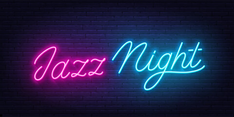 Jazz Night neon lettering on brick wall background
