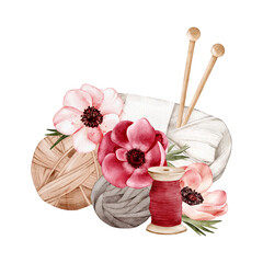 Balls of woolen thread, a skein of yarn, wooden knitting needles, a spool, bouquet of anemones. Watercolor isolated illustration for knitting blog, needlework stores, postcard, certificate, packaging
