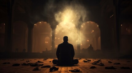 Silhouette of Muslim man worshiping and praying for fasting and Islamic Eid culture in old mosque with lighting and smoke background, copy space - generative ai - obrazy, fototapety, plakaty