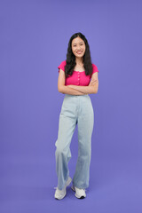 portrait of body Asian woman who looks happy against a purple background blank copy space for your advertising content.