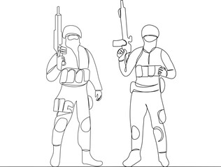 soldiers line drawing, on white background vector