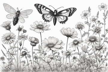 Hand drawn blooming flowers and butterflies on blank background. Black and white wildflowers and insects. Monochrome elegant floral composition in vintage style. Generative Ai