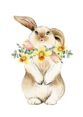 Watercolor illustration card with rabbit in flowers wreath. Isolated on white background. Hand drawn clipart. Perfect for card, postcard, tags, invitation, printing, wrapping.