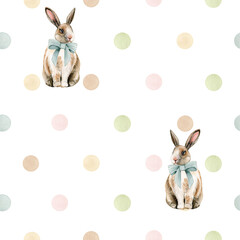 Watercolor seamless pattern pastel polka dot and rabbits. Isolated on white background. Hand drawn clipart. Perfect for card, fabric, tags, invitation, printing, wrapping.
