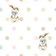 Watercolor seamless pattern pastel polka dot and bunnies. Isolated on white background. Hand drawn clipart. Perfect for card, fabric, tags, invitation, printing, wrapping.