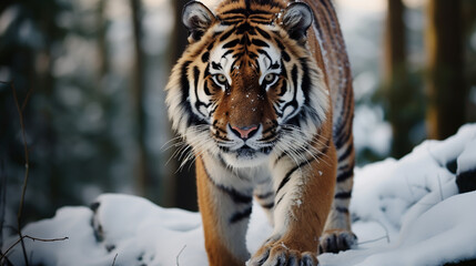 jumping tiger on the snow