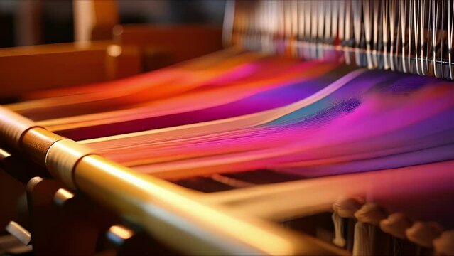 Closeup of a traditional loom in action, creating a vibrant and detailed handwoven textile.
