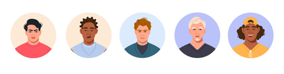 A set of vector graphics of faces, portraits, avatars of men of different races in a round frame. A set of user profiles in a flat style