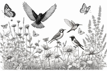 Hand drawn black and white blooming flowers, butterflies, birds on blank background. Monochrome floral composition in vintage style. Generative Ai - Powered by Adobe
