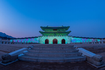 Seoul Light Gwanghwamun,  Night view of Gwanghwamun Gate of Gyeongbokgung Palace with colorful media façade and laser show ,Seoul South korea.