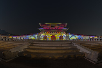 Seoul Light Gwanghwamun,  Night view of Gwanghwamun Gate of Gyeongbokgung Palace with colorful media façade and laser show ,Seoul South korea.