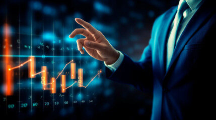 Businessman with a business data graph diagram analyzes indicators. Digital business chart hologram graphics - obrazy, fototapety, plakaty