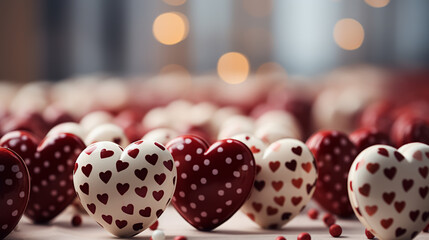 Red hearts on wooden table against defocused lights.