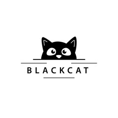 Illustration of black cat. Logo of company hotel pets or veterinary. Vector sign cute black cat. Modern style business sign on white background.
