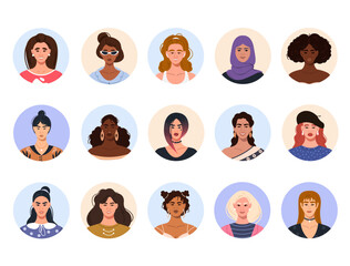 A collection of avatars of young female characters in a round frame. Vector graphic set of faces, portraits of women of different races. A cartoon set of user profiles in the flat style