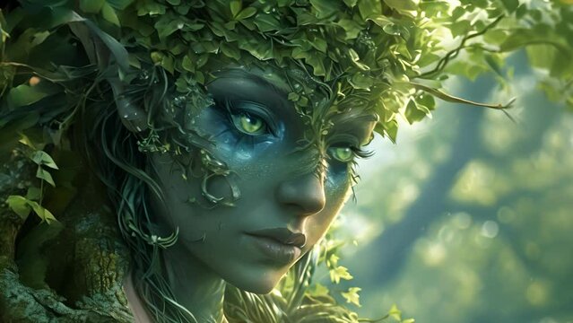 The dryads eyes glow with a soft, ethereal light, reflecting the ancient wisdom and secrets held within the trees she calls home. Fantasy animatio