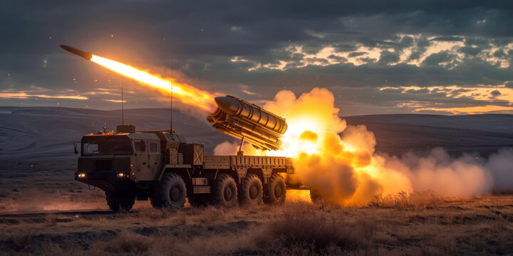 Ein Milit&auml;rfahrzeug feuert Raketen ab