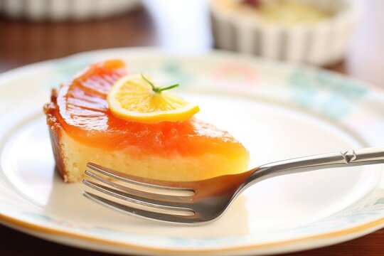close-up of tarte au citron slice on a dessert fork