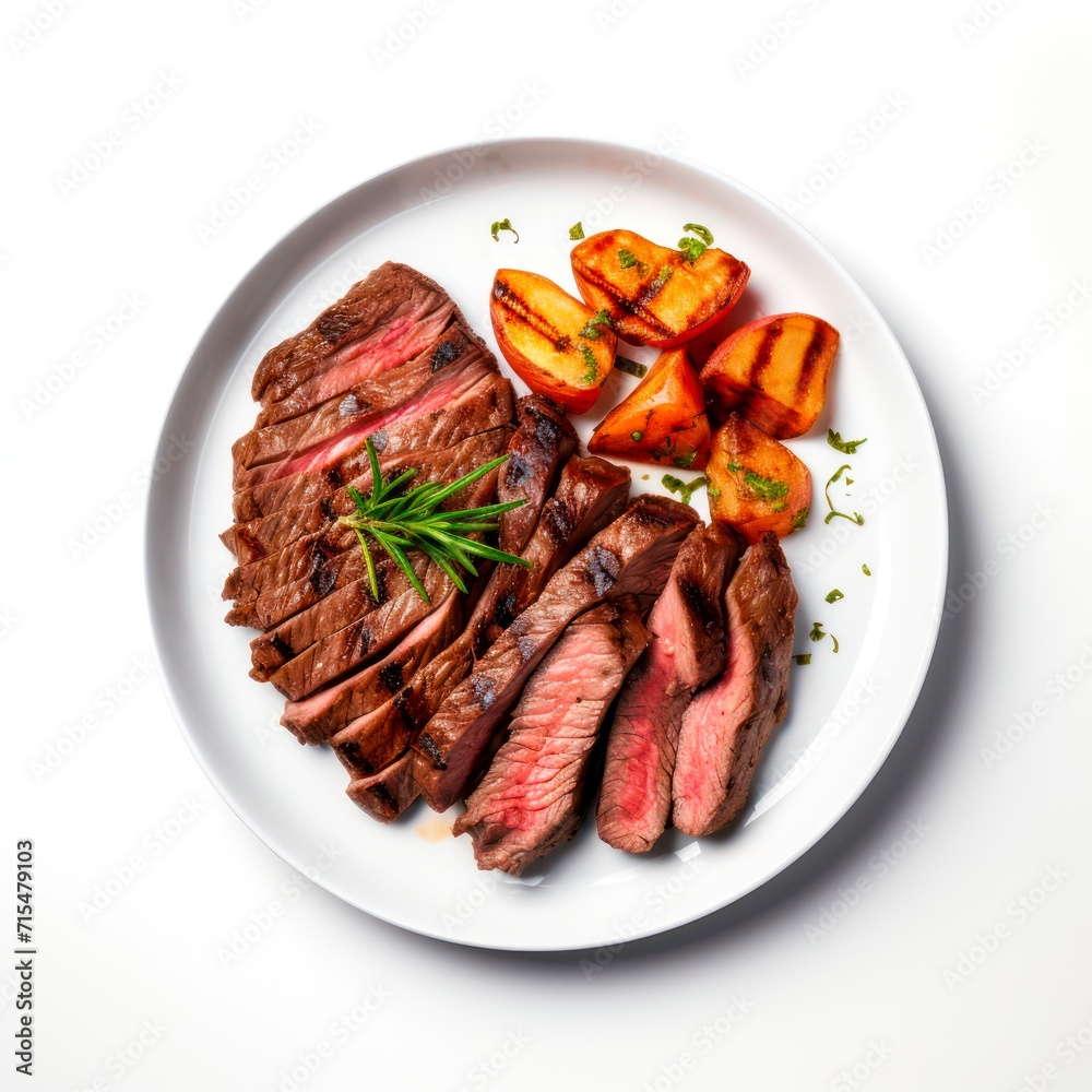 Wall mural Grilled beef and potatoes on white background, top view.