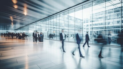 Dynamic corporate atmosphere: blurred silhouettes of professionals in a sleek glass office setting