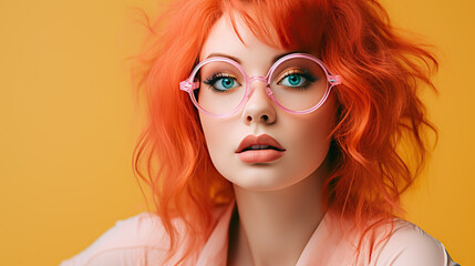 Fototapeta premium Vivid Orange-Haired Young Woman With Striking Blue Eyes in Soft Indoor Lighting