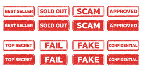 Rubber stamp set with grunge texture. Damaged seal icon or sign. Vector illustration.