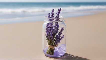 A Captivating Lavender Jar Amidst Beach Serenity AI GENERATED