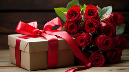 St. Valentine's Day present. Small hearts, candles, a gift box, and red roses bouquet on light background.