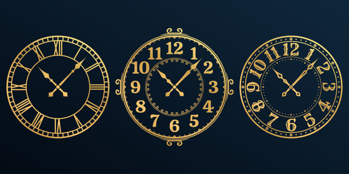Clock face vintage set. Old wall watch with retro numeral. Antique clock-face design. Vector illustration.