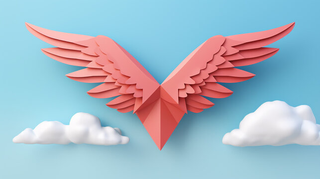 Fun Valentines day festive background in asian style - pink and red paper hearts of folded fans soar on gentle pastel pink color backdrop as sideways border with copy space, top view.