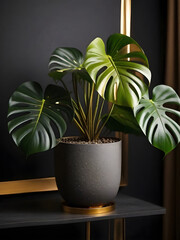 Monstera plant in a luxurious pot, a combination of cement and gold. ai generative
