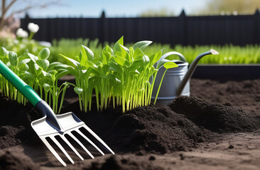 in the foreground, a green sprout crawled out of the black earth, gardening tools - a rake, a shovel, a watering can, a hose with water in a garden plot in early spring, black earth, a clear sunny day