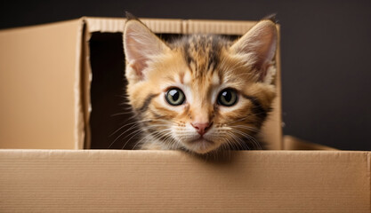 Cute Kitten head peeking over brown card box. AI generated