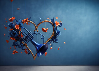 Navi blue trumpet with flying love symbols.