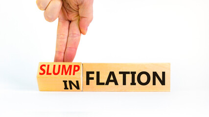 Inflation or slumpflation symbol. Concept word Inflation Slumpflation on beautiful wooden cubes. Beautiful white background. Businessman hand. Business inflation slumpflation concept. Copy space.