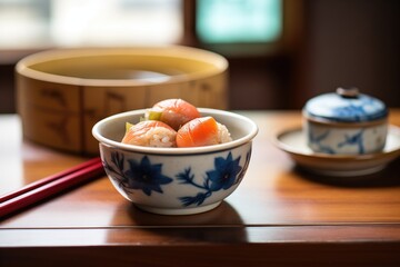 homemade umeboshi plums tsukemono in a small ceramic dish - obrazy, fototapety, plakaty