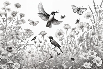 Hand drawn black and white blooming flowers, butterflies, birds on blank background. Monochrome...