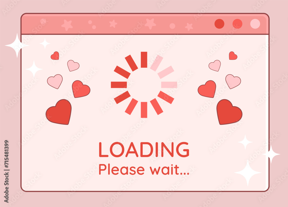Poster set of y2k valentine day retro computer window, loading display with hearts symbols and text. vector