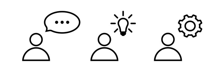 Thinking or talking man, idea and process icon set. Man with speech bubble, lightbulb and gear symbols in black. Simple abstract icons in black. Vector illustration for graphic design, web, mobile, ui