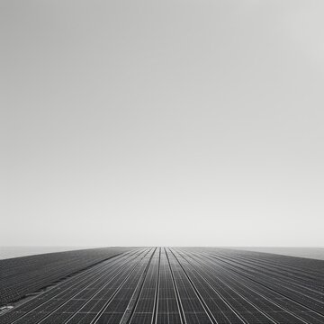 Solar energy panels on a grey background. Photovoltaic cells. A minimalist image capturing a bird's eye view of a vast, geometrically aligned solar panel farm stretching to the horizon. 