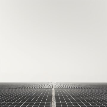 Solar energy panels on a grey background. Photovoltaic cells. A minimalist image capturing a bird's eye view of a vast, geometrically aligned solar panel farm stretching to the horizon. 